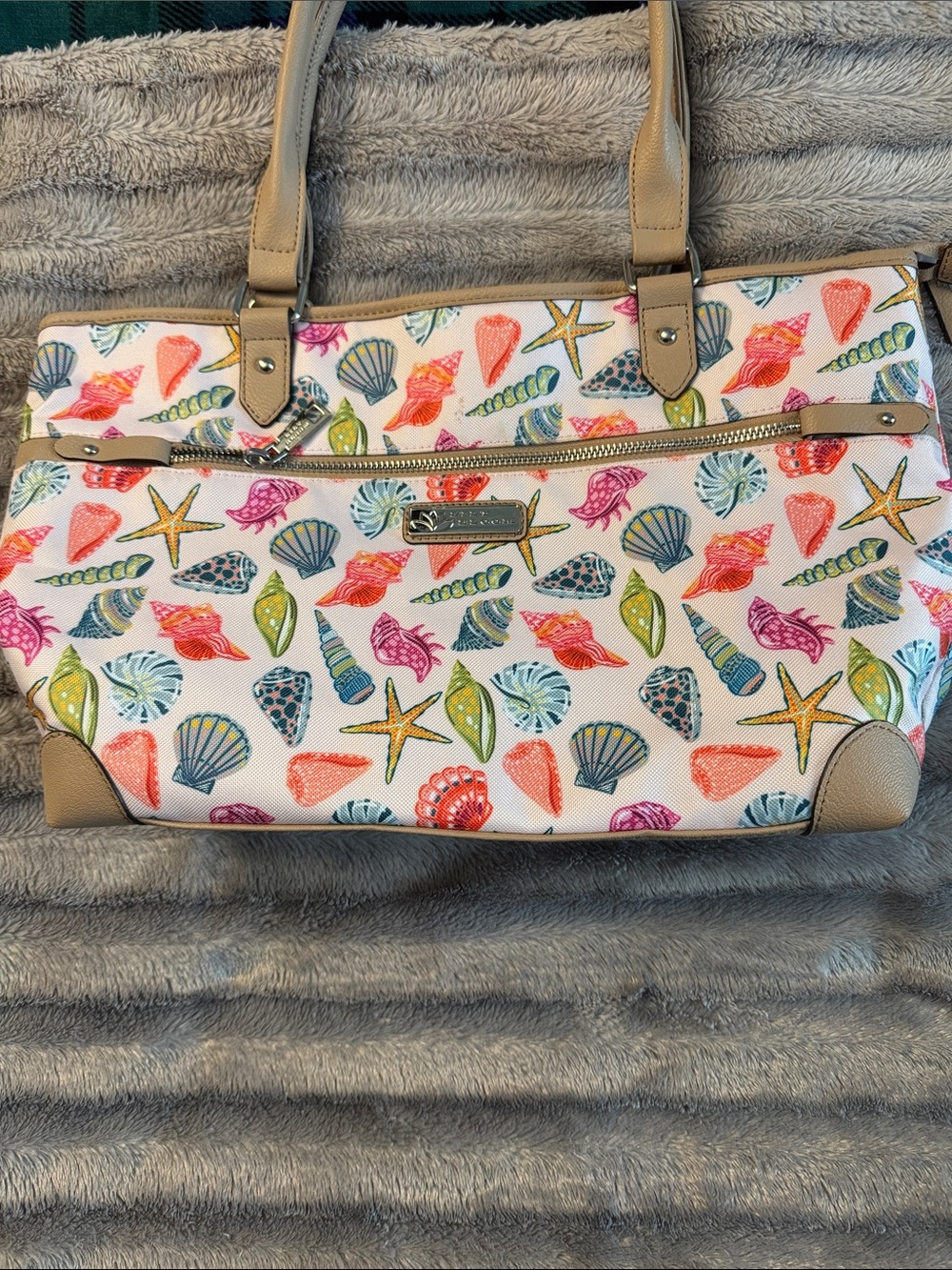 Lily Bloom Multicolor Seashell Print Tote with Tan Trim